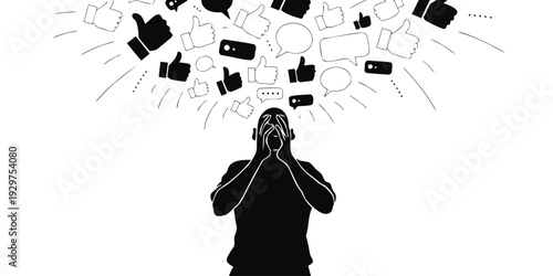 Silhouette of a person covering their face with hands as many thumbs up and speech bubbles... above