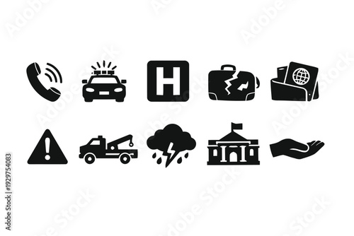 Emergency and crisis icons, symbols for urgent situations and disasters vector icons