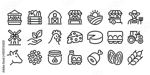 Farm fresh produce and goods icons set representing healthy organic food and farming