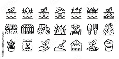 Farming and agriculture icons set showing plant growth and cultivation