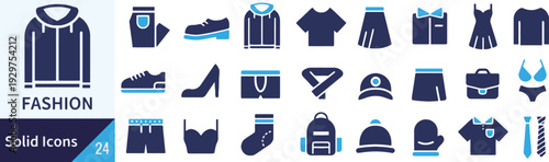 Fashion and apparel solid icons set featuring clothing accessories and footwear