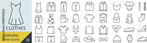 Fashion clothes editable line icons set for apparel and accessories