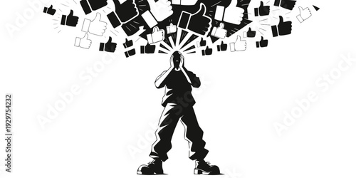 Silhouette of a person overwhelmed by a multitude of thumbs up and speech bubbles exploding from