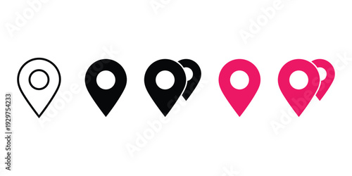 Location Pin Icons: Outline, Black, Pink, Flat Design Vector