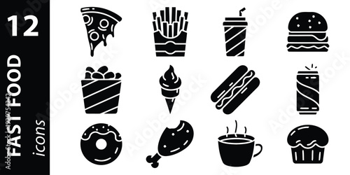 Fast food icons collection with pizza burger fries and drinks for menus