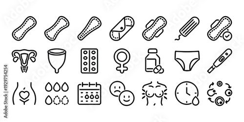 Feminine hygiene and period product icons for women health and care