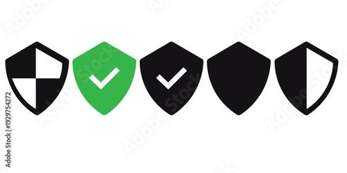 Shield icons: checkmark, locked, unlocked vector illustration
