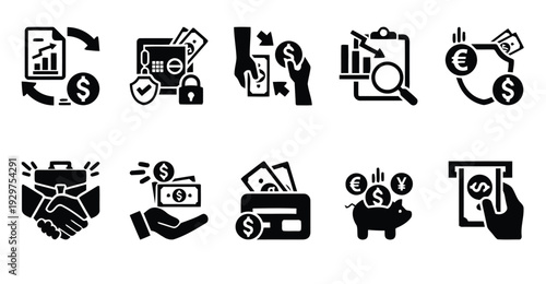 Finance and banking icons depicting money transactions and security