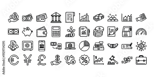 Finance and banking icons set with coins, credit cards, bank, charts, and ATM