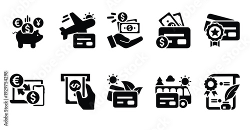 Finance and banking icons showing money saving and transactions with credit cards and piggy bank