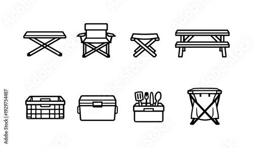 Outdoor campsite cooking furniture: linear style camp table, camp chair, folding stool, picnic bench, storage crate, cooler box, utensil caddy, trash bag holder