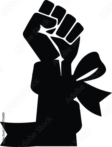 Black silhouette of a strong raised fist wrapped with an awareness ribbon symbolizing solidarity power justice activism and fighting for human rights and charity.