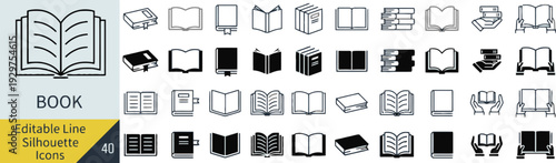 Forty editable line and solid silhouette book icons for library management systems and academic platforms