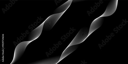 Abstract white wavy line on black background. Futuristic motion stripe with smooth gradient curve. Ideal for tech, sound, or digital interface designs. Vector EPS 10