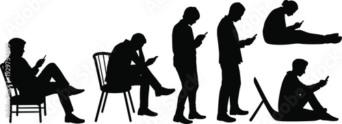 Black silhouettes of human life cycle from baby and child to strong man businessman elderly senior and person in wheelchair, isolated