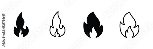 Four flame icons depicting fire in solid and outline styles with different shapes