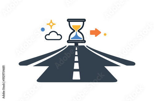 Cognitive runway extension and buying time before committing to high-stakes choices, a widening road with a small hour marker placed ahead expressing patience,