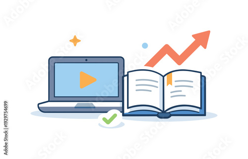 Remote learning and skill development in a digital-first environment emphasizing accessibility and growth, a laptop paired with an open book and a simple upward