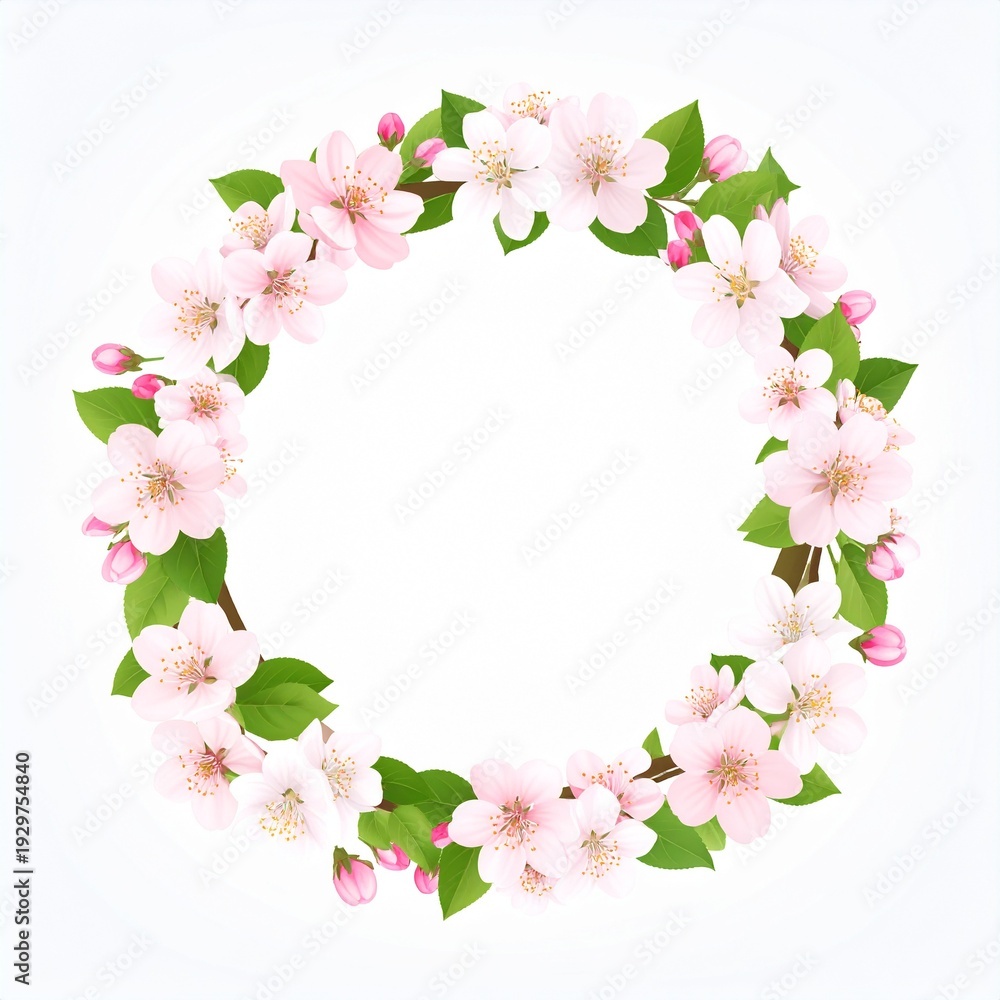 Obraz premium Pink Cherry Blossom Flower Wreath Circle Garland Spring Nature Decor Background