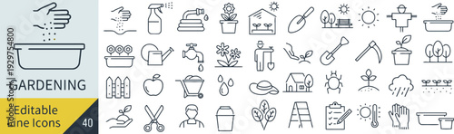 Gardening and farming line icons collection including garden tools plants seeds watering cans and agricultural equipment symbols
