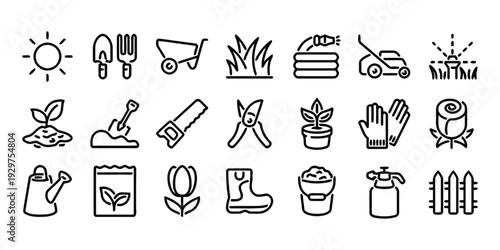 Gardening tools and elements icons in outline style for springtime activities