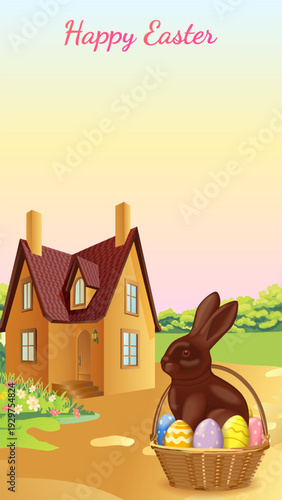 Happy Easter vertical vector illustration with chocolate bunny with colorful eggs in basket and cottage house in spring garden and copy space for text