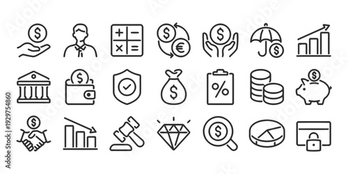 Financial icons set representing money investment banking and economic concepts