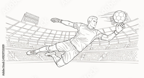 Dynamic line art illustration of a professional soccer goalkeeper making a spectacular diving save in a stadium during an intense football match.
