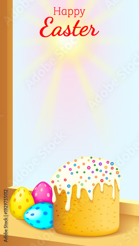 Happy Easter vertical vector illustration with Easter cake and painted eggs on a sunny windowsill with morning light and copy space for text.