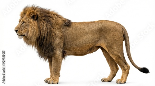 Male lion standing isolated on white background
