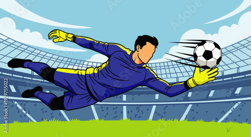 Dynamic soccer goalkeeper diving to make a crucial save during a professional match in a large stadium, showcasing agility and athleticism.