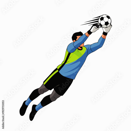 Dynamic soccer goalkeeper illustration making a dramatic save, diving mid-air to block a fast-moving football. Energetic athlete in action.