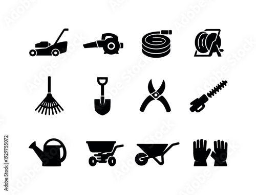 Home outdoor maintenance gear: lawn mower, leaf blower, garden hose, hose reel, rake, shovel, pruning shears, hedge trimmer, watering can, fertilizer spreader,