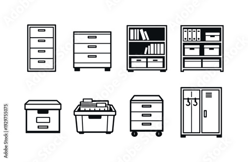 Professional office storage furniture: linear style filing cabinet, drawer unit, bookshelf, storage shelf, archive box, document crate, mobile pedestal, coat