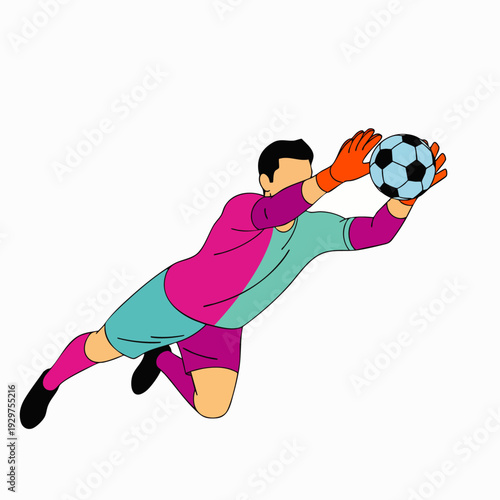 Soccer goalkeeper in action, diving to catch the ball, dynamic illustration of a sports moment, isolated on white background