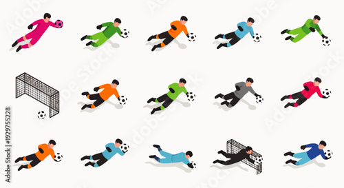 Isometric Goalkeeper Saves and Soccer Goal Set: Dynamic Action and Sports Equipment Collection