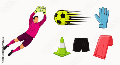 Soccer Goalkeeper Catching Ball, Training Cone, Shorts, Gloves, and Towel - Sports Equipment and Action