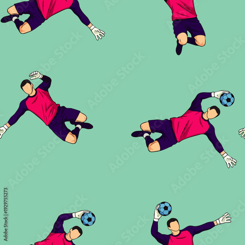 Seamless pattern of a soccer goalkeeper diving to catch the ball, vector illustration