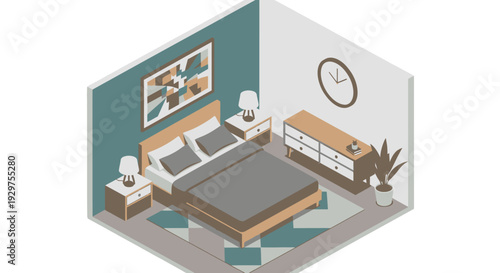 Isometric illustration of a modern bedroom with furniture and decor.