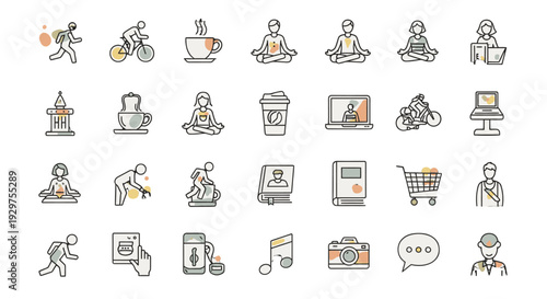 Collection of Simple Line Icons Representing Various Activities and Concepts.
