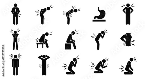 Collection of stick figure icons illustrating various human body aches pains and discomfort symptoms vector design