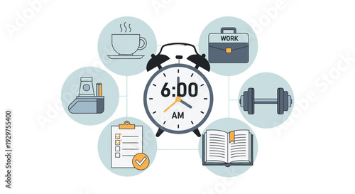 Time management illustration with alarm clock and daily activities.