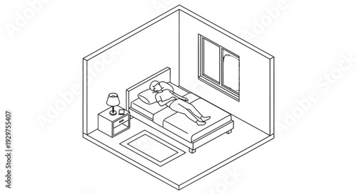Isometric illustration of a person lying on a bed in a simple room.