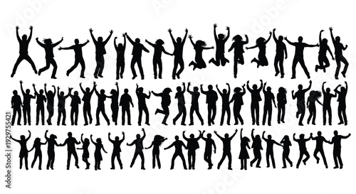 Joyful crowd of diverse people celebrating success together with happy raised arms vector illustration.