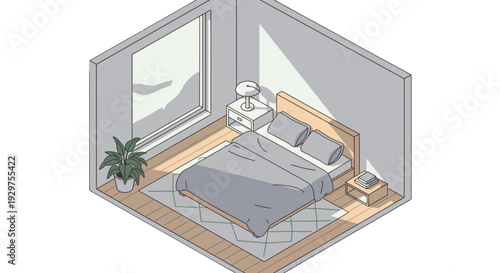 Isometric illustration of a modern minimalist bedroom with gray bedding and wooden furniture.