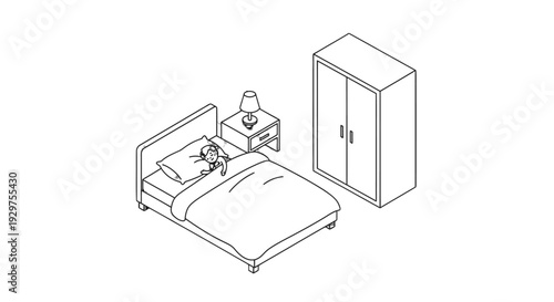Simple line drawing of a bedroom with bed, nightstand, and wardrobe.