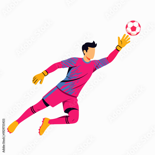 Dynamic soccer goalkeeper illustration in action, diving to save the ball during a professional football match, showcasing athletic skill and quick reflexes.