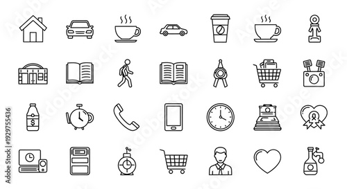 Collection of Simple Line Icons Representing Daily Life and Activities.