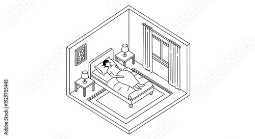 Isometric illustration of a person lying in bed in a simple bedroom.