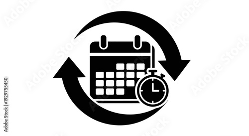 Calendar and stopwatch icon with circular arrows symbolizing time management and scheduling.